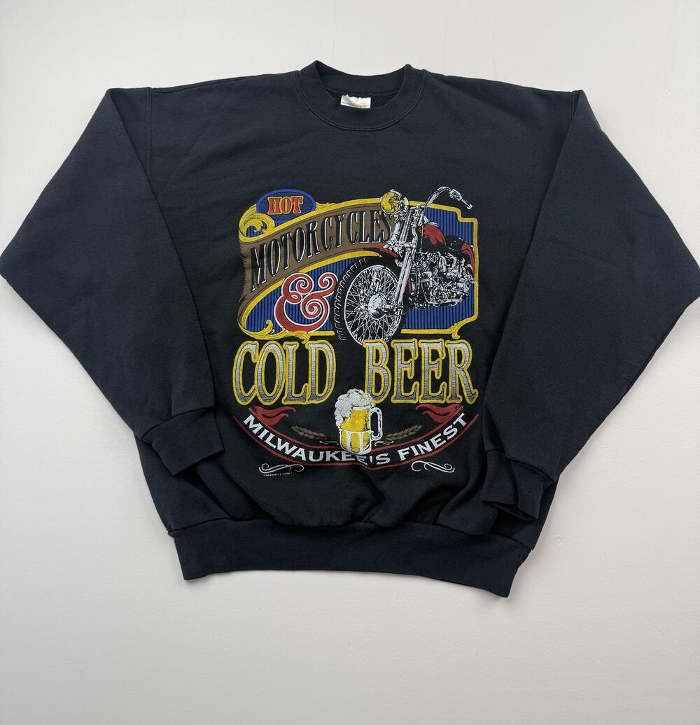 Hanes Sweatshirt Mens Large Black Fleece Pullover Motorcycles Cold Beer Graphic